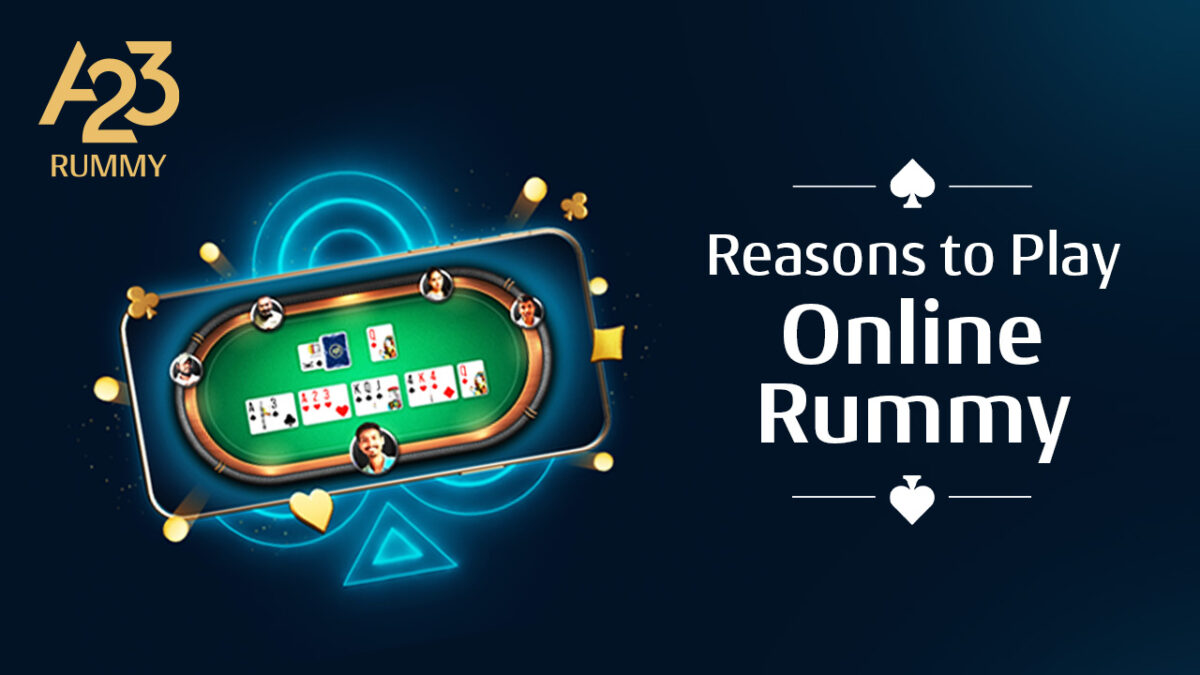 A23 rummy banner image with a display of gameplay screen on mobile along with a write up Reasons to play Online Rummy