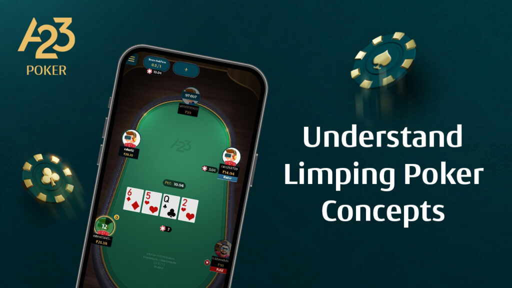 Banner image showcasing A23 poker gameplay on a mobile device with 2 poker coins and Understand Limping Poker Concepts as a write-up