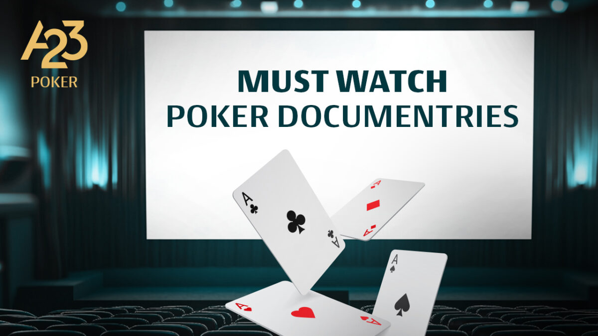 A23 Poker banner image with a theatre in the background and "Must watch poker documentaries" written on the screen and few playing cards floating in the foreground