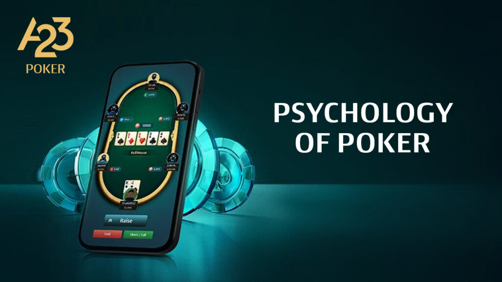 A23 Poker banner image with holographic coins in the background and A23 poker gametable opened on a mobile device in the foreground with "Psychology of Poker" as a text on the banner image