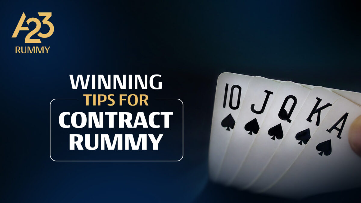 A23 Rummy banner image with a pure sequence of spades cards suit in the background and "winning tips for contract rummy" as a text on the banner image